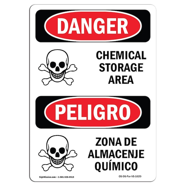 Safety Sign, OSHA Danger, 5" Height, Chemical Storage Area Bilingual Spanish, 10PK